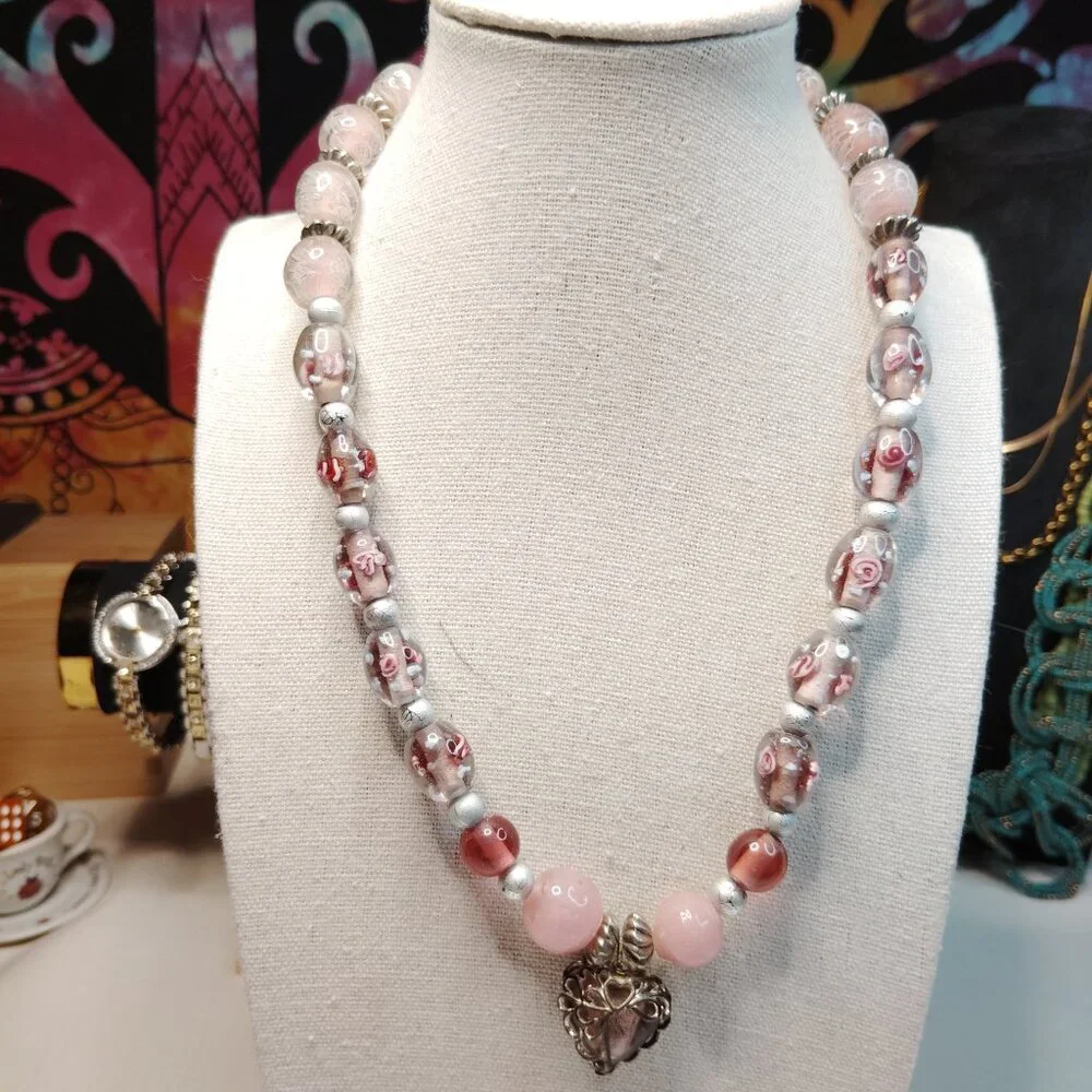 Artisan Made Vintage Pink Glass Bead Necklace Filigree Heart Dangle 19